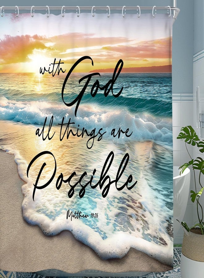 Riyidecor Beach Ocean Bible Verse Shower Curtain Sunrise Sunset Inspirational Scripture Quotes 72Wx72H Inch Summer Coastal Seaside Seascape Fabric Decor Bathroom Polyester Waterproof 12 Pack Hooks - Image 1