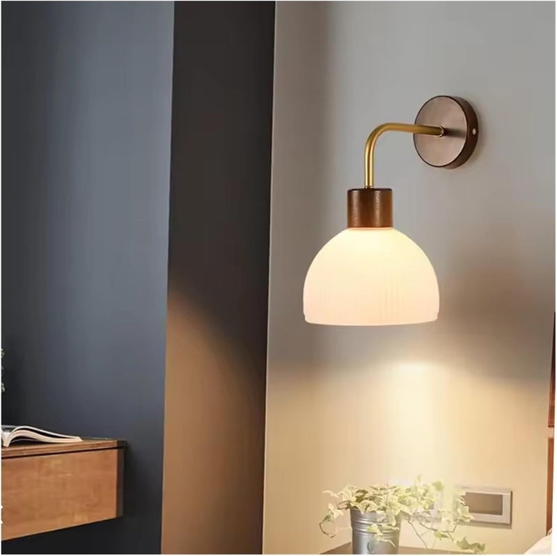 New Chinese Walnut-Colored Solid Wood Bedroom Bedside Wall Lamp Simple Modern Corridor Decorative Glass Lamp,Energy Conservation (White Light) - Image 3
