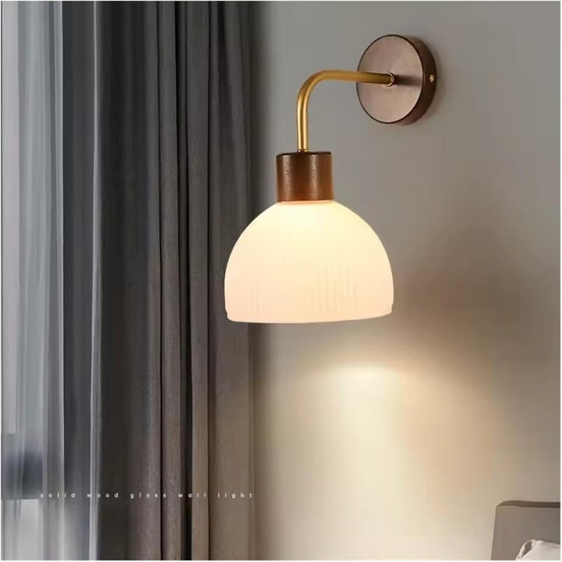 New Chinese Walnut-Colored Solid Wood Bedroom Bedside Wall Lamp Simple Modern Corridor Decorative Glass Lamp,Energy Conservation (White Light) - Image 4