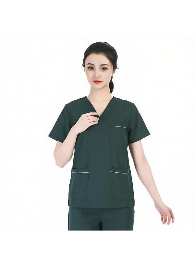 Loquat Womens V-Neck Scrubs Set Micro Elasticity Short Sleeves Top & Pants Soft Fabric Medical Nursing Uniform Dark Green - Image 1