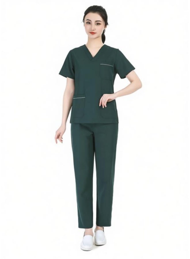 Loquat Womens V-Neck Scrubs Set Micro Elasticity Short Sleeves Top & Pants Soft Fabric Medical Nursing Uniform Dark Green - Image 2