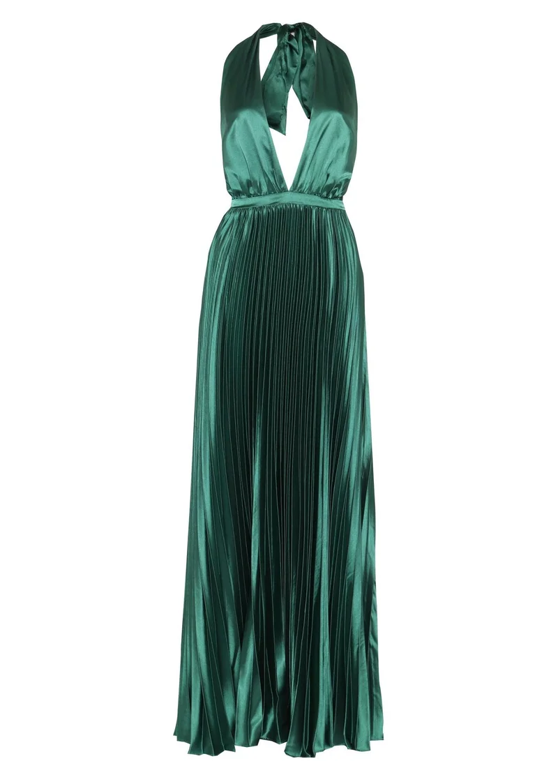 Celia Emerald-Green Pleated Satin Halterneck Maxi-Dress