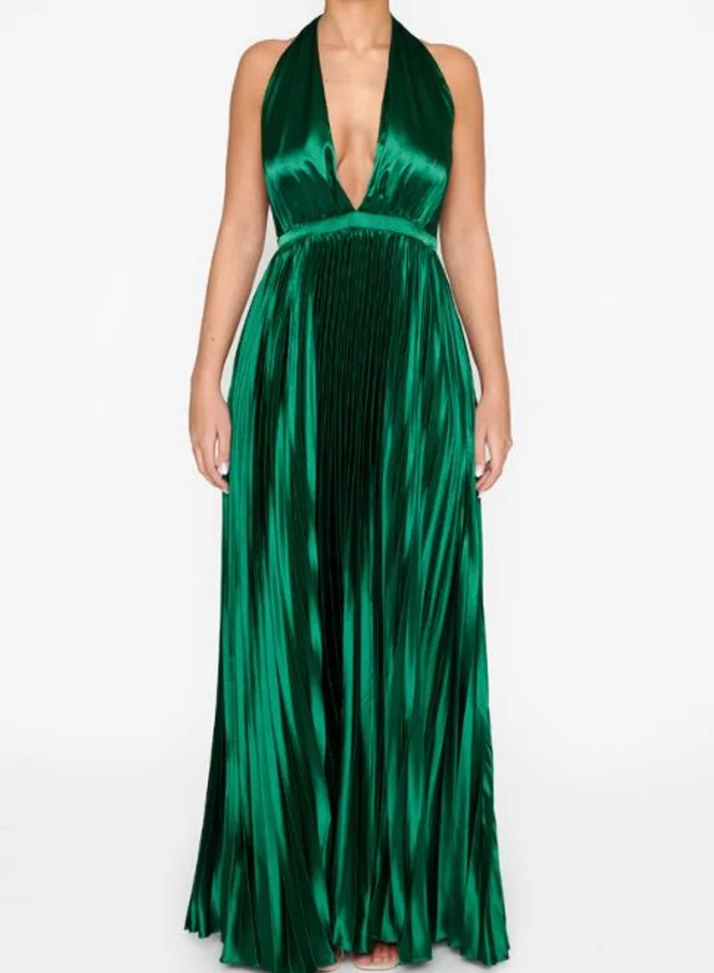 True Decadence  Celia Emerald-Green Pleated Satin Halterneck Maxi-Dress for Women | Best Price UAE