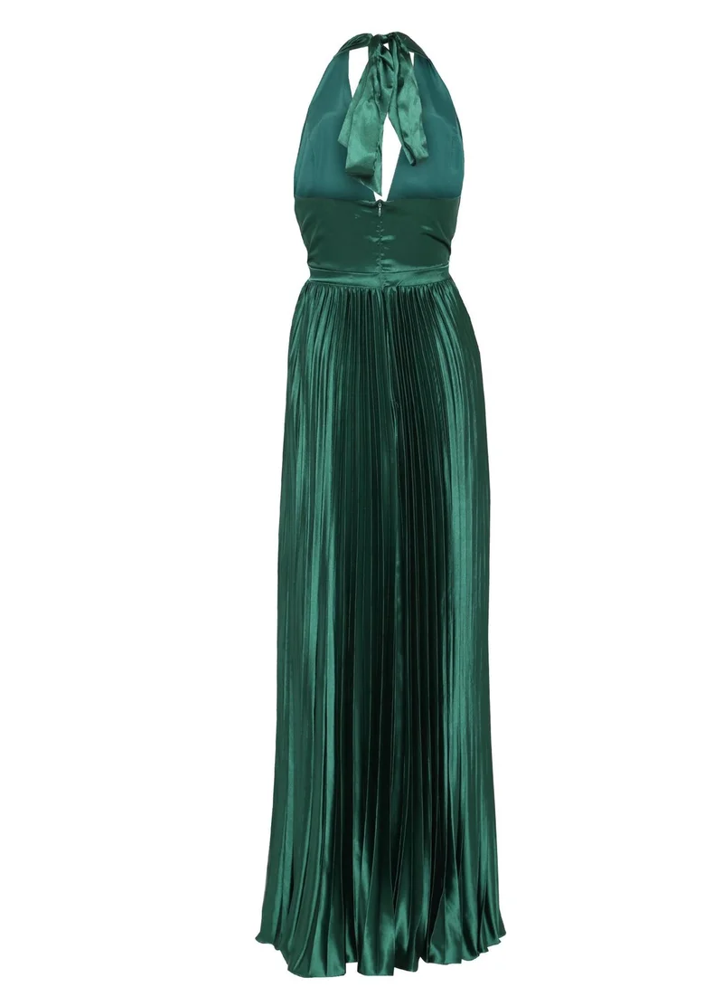 ترو ديكادينس Celia Emerald-Green Pleated Satin Halterneck Maxi-Dress
