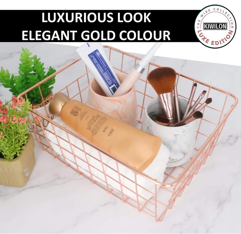 Kiwilon Multi-Purpose Rose Gold Basket For Storage, Kitchen And Bathroom Organizer, Office Desk, Toys, Fruits, Vegetables, Pantry, Wedding Gift Hamper (20.5x16x9.5 CM) - Image 4