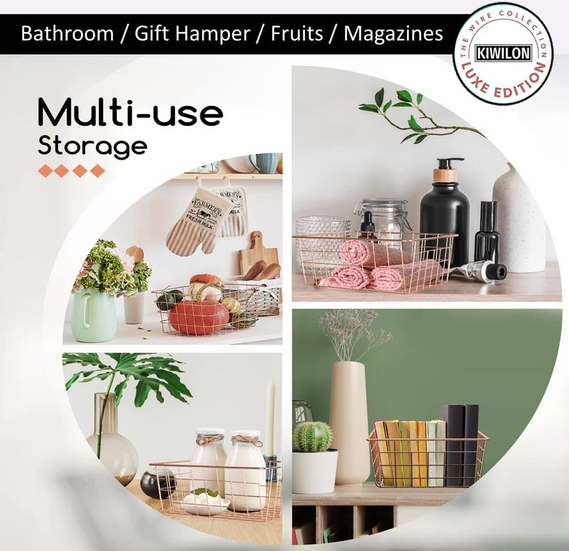 Kiwilon Multi-Purpose Rose Gold Basket For Storage, Kitchen And Bathroom Organizer, Office Desk, Toys, Fruits, Vegetables, Pantry, Wedding Gift Hamper (20.5x16x9.5 CM) - Image 5