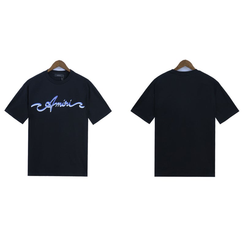 AMIRI Cotton Soft Knitted round Neck Short Sleeve T-Shirt Street Style Printed Logo Unisex Summer Breathable Casual Tee Black  - Image 4