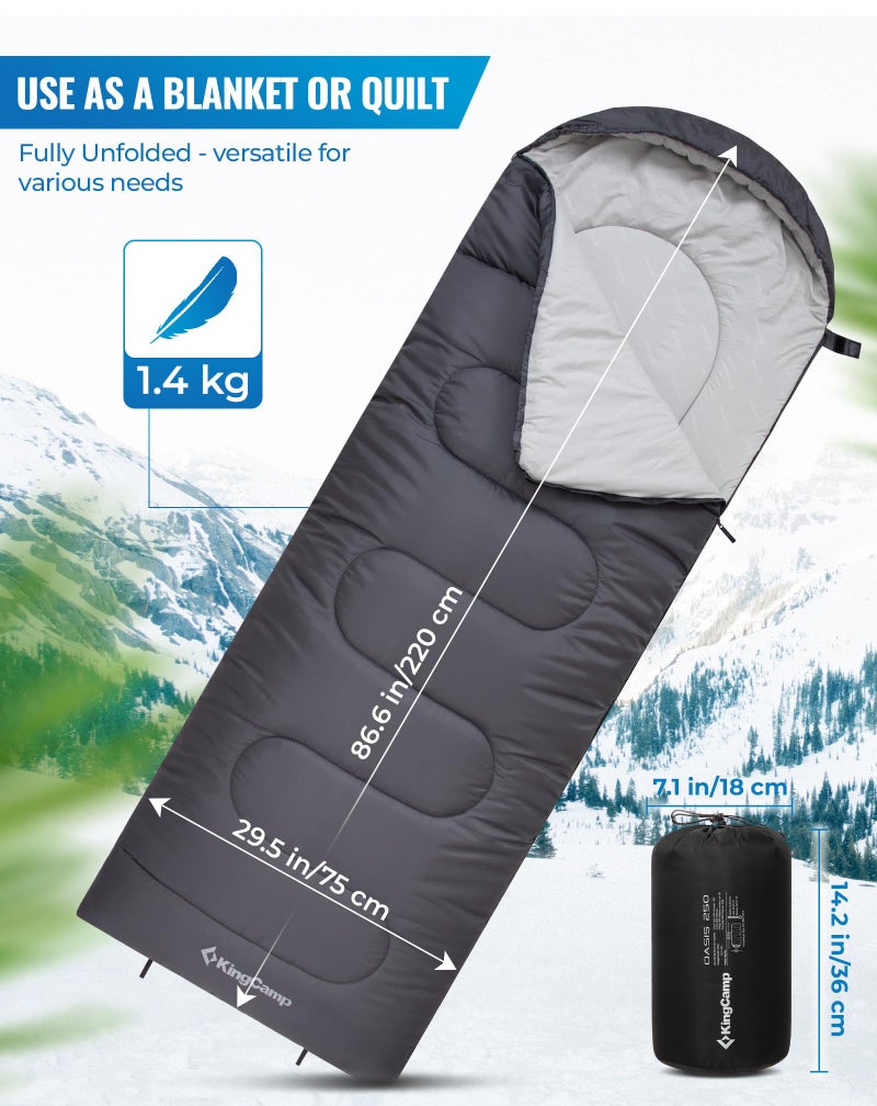 KingCamp Oasis Series Sleeping Bag with Headboard for Adults, Lightweight, for 3 Seasons, 220 x 75 cm, Grey - Image 2