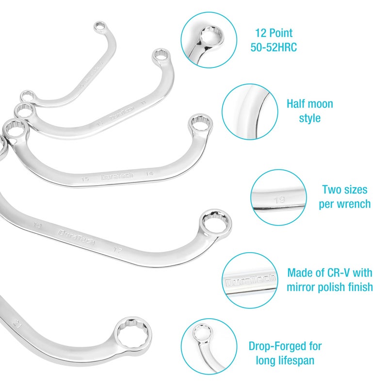 DURATECH Half Moon Box Wrench Set, Metric, 5-Piece, 8mm to 22mm, 12 Point, CR-V Steel, with EVA Foam Tool Organizer - Image 3