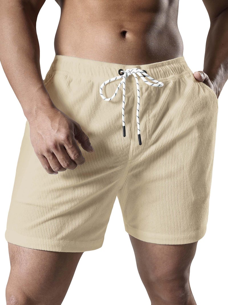 JOTOOK Men's Casual Drawstring Corduroy Shorts Elastic Waist Summer Shorts with Pocket Small Beige - Image 2