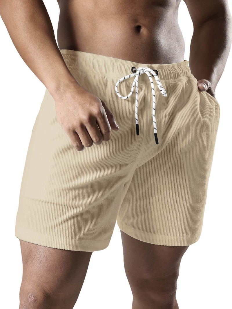 JOTOOK Men's Casual Drawstring Corduroy Shorts Elastic Waist Summer Shorts with Pocket Small Beige - Image 4
