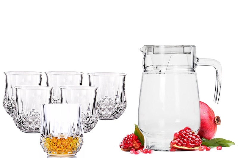 Home-Cart Homecart Water Jug & Fish Style Glass Crystal Glass Lemon Set | 1 Jug (1.5 L) & Set of 6 Glasses Set (250 ml) Each/Juice Set/Carafes & Pitchers Glassware/Wine Glass  - Image 1