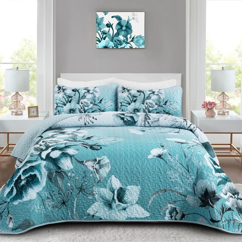 Drucon Blue Floral Quilt Set Queen 3 Pieces Boho Flower Quilt Coverlet Set Soft Microfiber Lightweight Floral Quilted Bedspread with 2 Pillow Shams for All Season 90"x96" - Image 1