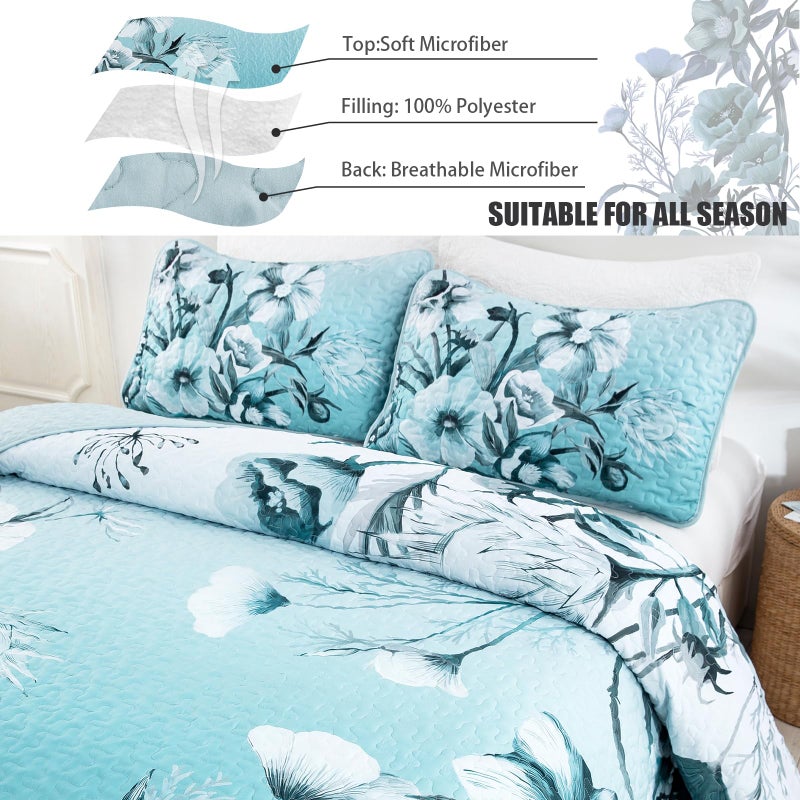 Drucon Blue Floral Quilt Set Queen 3 Pieces Boho Flower Quilt Coverlet Set Soft Microfiber Lightweight Floral Quilted Bedspread with 2 Pillow Shams for All Season 90"x96" - Image 4