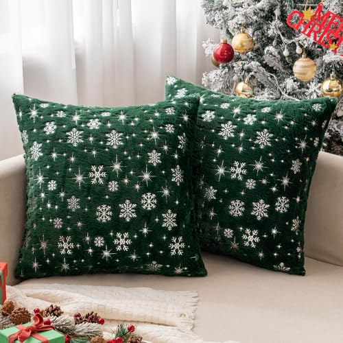 MIULEE Set of 2 Christmas Decorative Throw Pillow Covers Soft Faux Fur Winter Pillow Covers with Silver Snowflake Glitter Holiday Festival Pillowcases for Couch Sofa Bed 2020inch Dark Green - Image 1