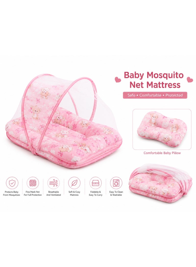Multi Color Portable Baby Mattress With Mosquito Net And Pillow - Girl Friendly Colors And Patterns - Newborn Travel Bed - Image 1