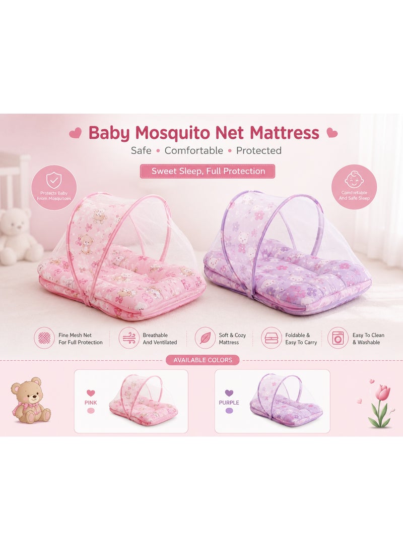 Multi Color Portable Baby Mattress With Mosquito Net And Pillow - Girl Friendly Colors And Patterns - Newborn Travel Bed - Image 2