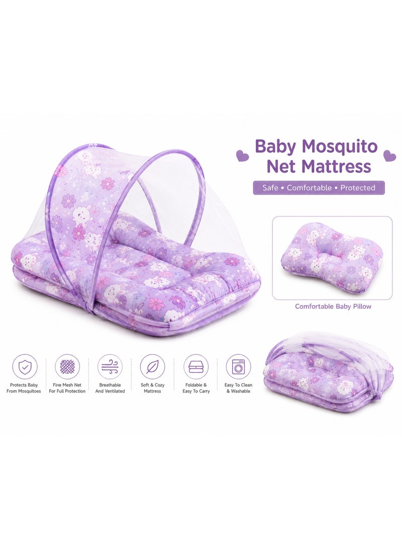 Multi Color Portable Baby Mattress With Mosquito Net And Pillow - Girl Friendly Colors And Patterns - Newborn Travel Bed - Image 4