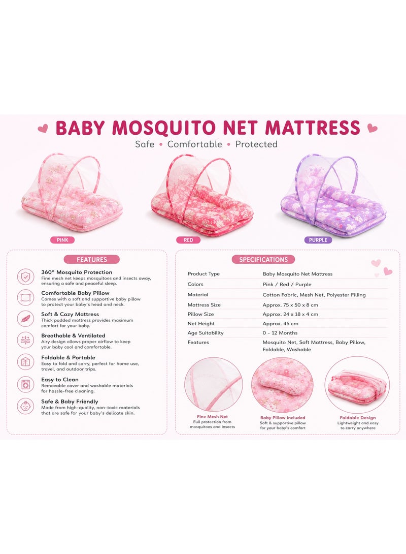 Multi Color Portable Baby Mattress With Mosquito Net And Pillow - Girl Friendly Colors And Patterns - Newborn Travel Bed - Image 3