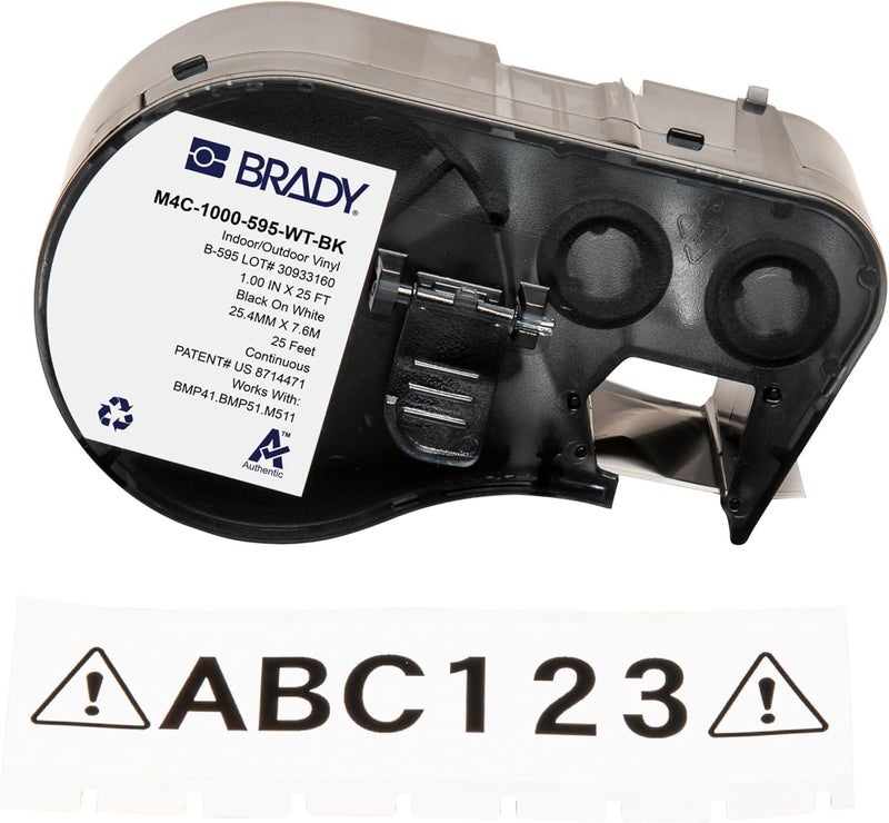 Brady Authentic M4C1000595WTBK AllWeather Vinyl Labels 1 in W x 25ft Black on White for use with BMP41 BMP51 M410 M510 and M511 Label Printers - Image 2