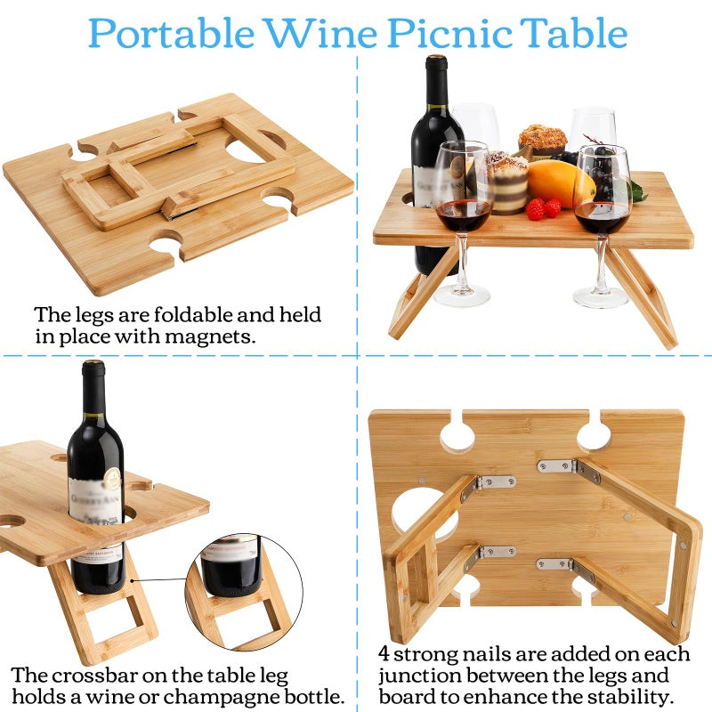 Youeon Portable Wine Picnic Table with 5 Wine Glasses Holder, Foldable Champagne Picnic Snack Table, Wine and Cheese Table for Picnic, Camping, Park, Beach, Wine Lover Gift - Image 3