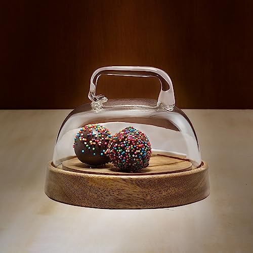Ellementry Dome Glass Cloche Wooden Cake Stand with Dome Lid, Round Cup Cake & Pastry Stand for Desserts, Stylish Pizza Stand for Parties, Weddings & Birthday, Serving Cake Plate with Dome Lid - Image 1