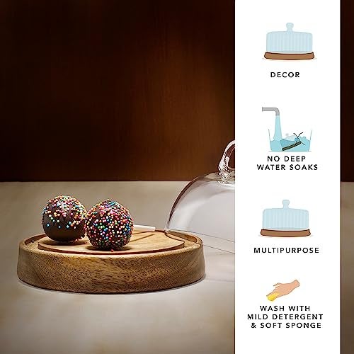 Ellementry Dome Glass Cloche Wooden Cake Stand with Dome Lid, Round Cup Cake & Pastry Stand for Desserts, Stylish Pizza Stand for Parties, Weddings & Birthday, Serving Cake Plate with Dome Lid - Image 3