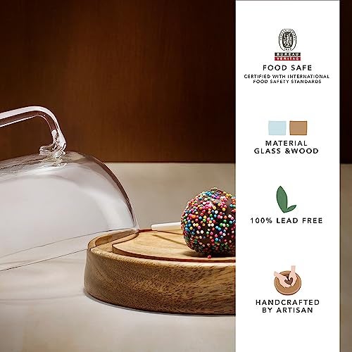 Ellementry Dome Glass Cloche Wooden Cake Stand with Dome Lid, Round Cup Cake & Pastry Stand for Desserts, Stylish Pizza Stand for Parties, Weddings & Birthday, Serving Cake Plate with Dome Lid - Image 2