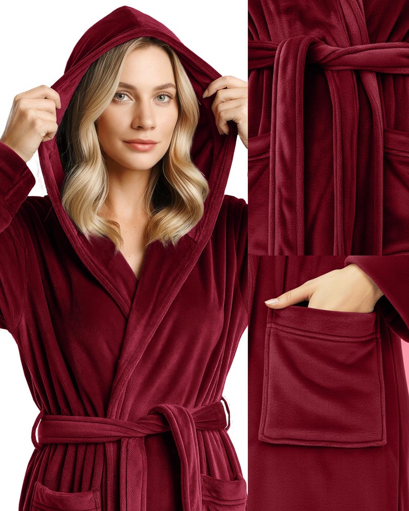 NY Threads Premium Womens Robe with Hood, Plush Fleece Long Bath Robe for Women, Fluffy Soft Women's Bathrobe, Large, Burgundy - Image 2