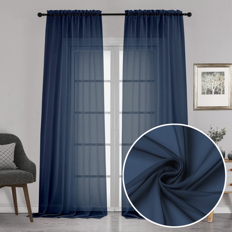 Chyhomenyc Extra Long Sheer Window Curtain Panels 120 Inch 2 PCS  Rod Pocket Durable Soft Touching Backdrop Drapes Window Treatment for Living Room/Farmhouse/Hotel  42W x 120L inches  Navy Blue  10 FT - Image 1