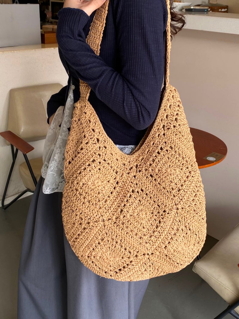 Handmade Crocheted Grandmother Lattice Hollow Flower Woven Bag Vacation Straw Tote Bag Large Capacity Commuter Shoulder Bag - Image 2