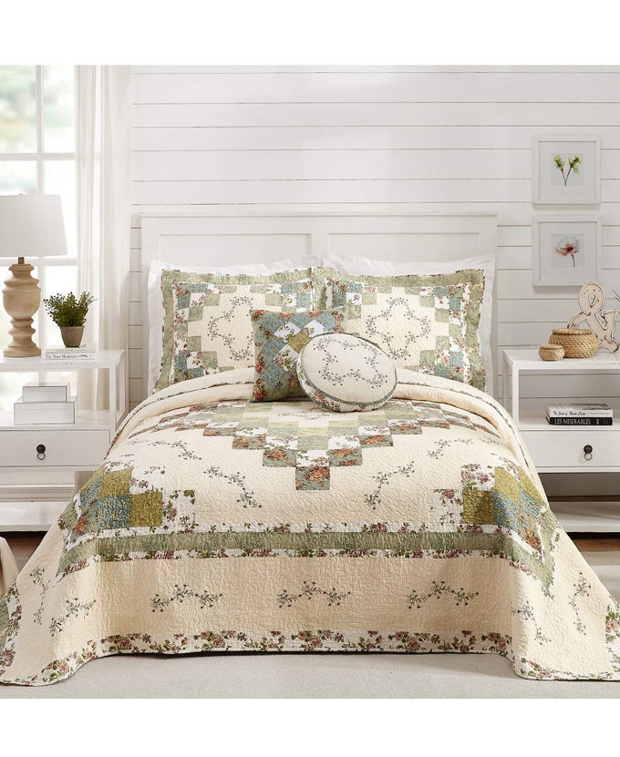 OLIVIA EMBROIDERED QUILTED BEDSPREAD LIGHTWEIGHT BREATHABLE ALL SEASONS BEDDING KING GREENCREAM
