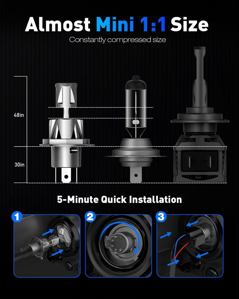 NOVSIGHT H4 LED Headlight Bulb - 32000LM 1:1 Size H4 Headlight Bulb, 800% 6500K Cool White Super Bright Conversion Kit, Plug and Play,IP68 Waterproof,Pack of 2 - Image 2