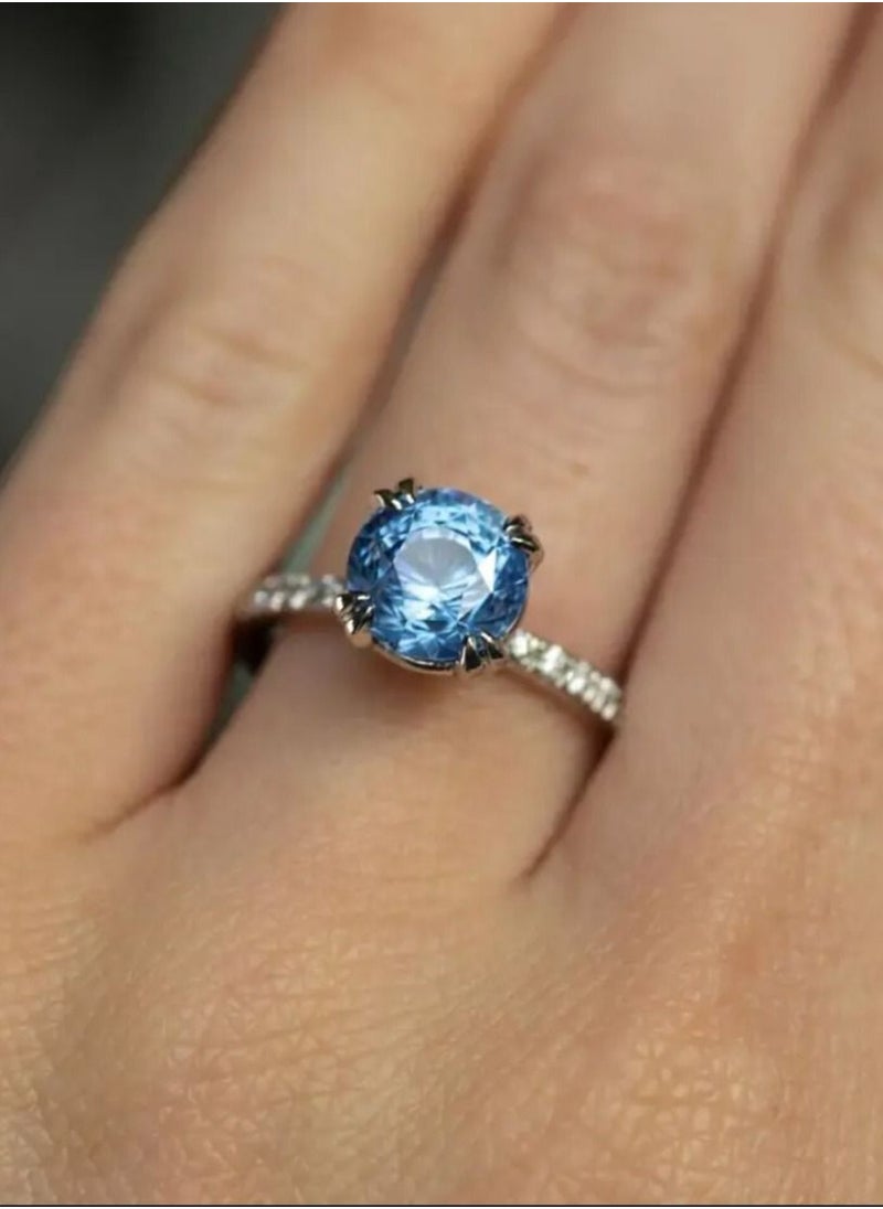 STRATEG - 925 Sterling Silver Cubic Zirconia Studded Ring With Artificial Sapphire Free Size - Image 1