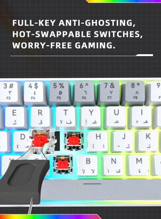 لوحة مفاتيح ميكانيكية للألعاب مكونة من 61 مفتاحًا ثنائية الألوان RGB مع تصميم مريح ومضادة للماء للاعبين - view 5