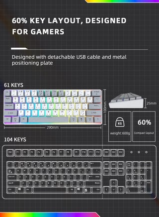 لوحة مفاتيح ميكانيكية للألعاب مكونة من 61 مفتاحًا ثنائية الألوان RGB مع تصميم مريح ومضادة للماء للاعبين - view 4