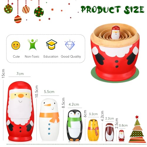 Seematn Christmas Russian Nesting Dolls for Kids Wooden Matryoshka Dolls Cute Toy Handmade Stacking Toy Set for Christmas Decoration Birthday Gift Party DecorSanta Claus - Image 5
