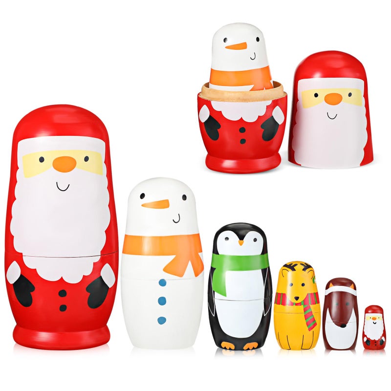 Seematn Christmas Russian Nesting Dolls for Kids Wooden Matryoshka Dolls Cute Toy Handmade Stacking Toy Set for Christmas Decoration Birthday Gift Party DecorSanta Claus - Image 3