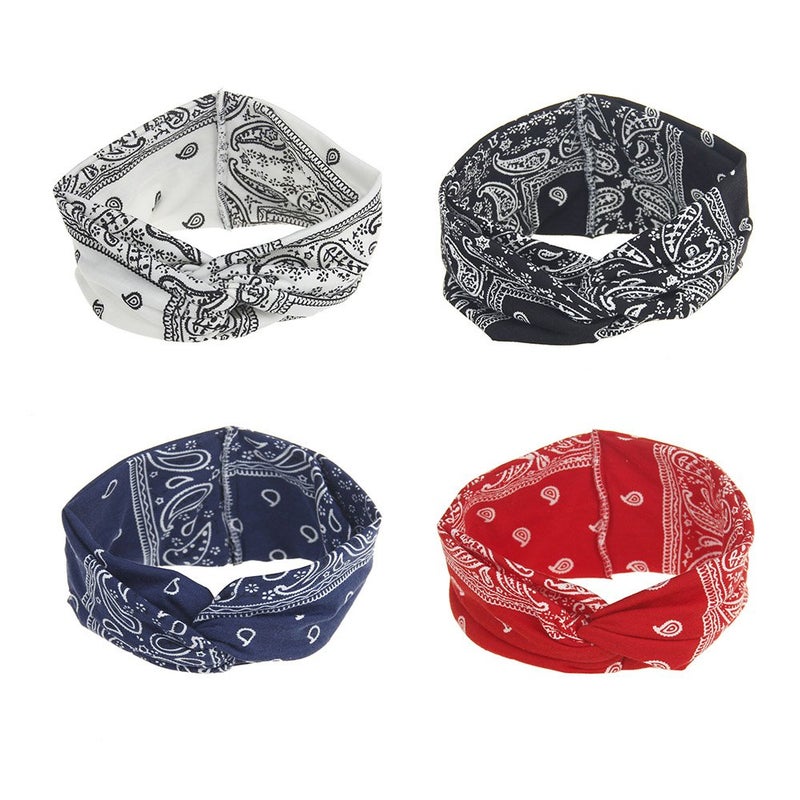 DINPREY Assorted Paisley Print Wide Bandana Knot Headbands Criss Cross Head Wrap Hair Band 4 Colors Pack A