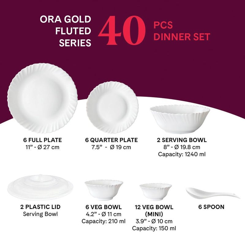 LARAH BY BOROSIL Larah by Borosil Ora Gold Fluted Series Opalware Dinner Set | 40 Pieces for Family of 6 | Microwave & Dishwasher Safe | Bone-Ash Free | Crockery Set for Dining & Gifting | Plates & Bowls | White - Image 2