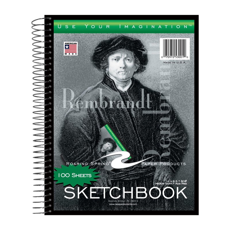 Roaring Spring Rembrandt Sketchbook 11 x 85 100 Sheets of Heavyweight 60 lb White Drawing Paper Spiral Bound