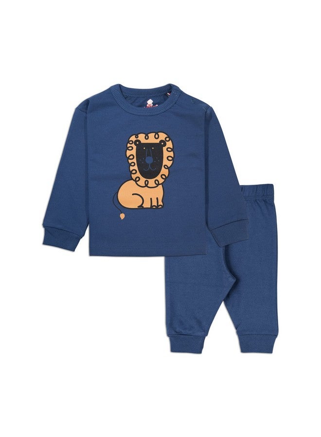 اريال طقم بيجامات من القطن والصوف من ARIEL للأولاد والبنات - طقم ملابس شتوي للجنسين، قميص بأكمام طويلة وبنطال، لون أزرق داكن، مقاس من 12 إلى 18 شهرًا - Image 1