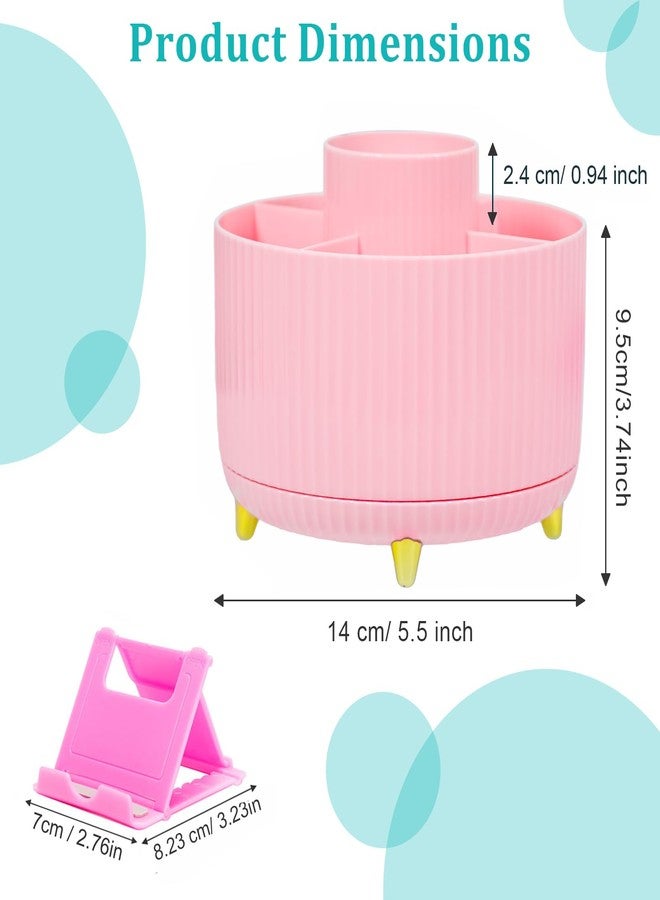 SAYEEC Rotating Pen Holder 5 Slots Desk Organizer with Adjustable Phone Stand Pink Makeup Brush Holder Organizer Cute Pencil Cup Pot Art Supply Storage Box Caddy for Office School Vanity Bathroom - Image 2