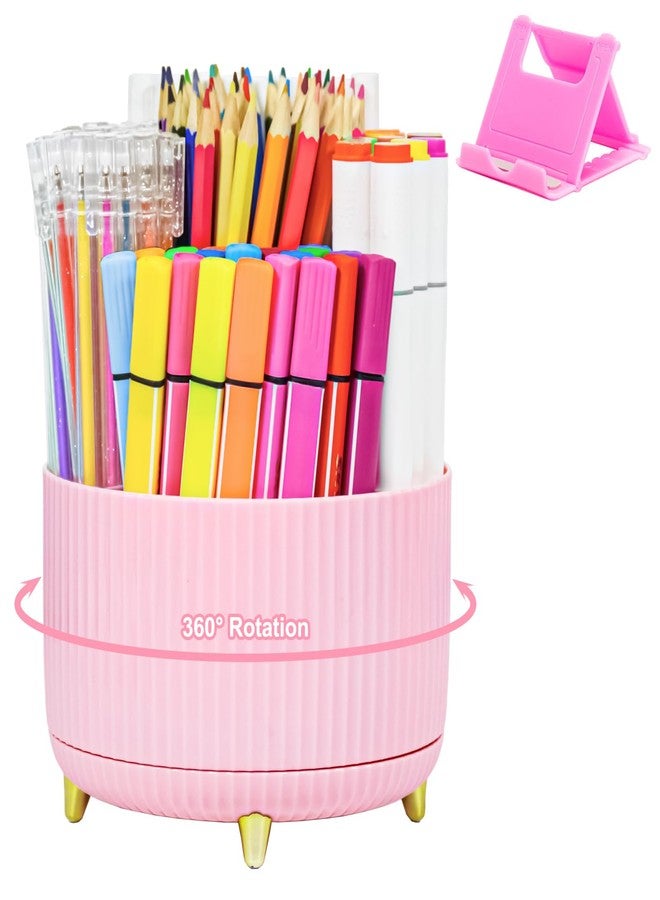 SAYEEC Rotating Pen Holder 5 Slots Desk Organizer with Adjustable Phone Stand Pink Makeup Brush Holder Organizer Cute Pencil Cup Pot Art Supply Storage Box Caddy for Office School Vanity Bathroom - Image 1