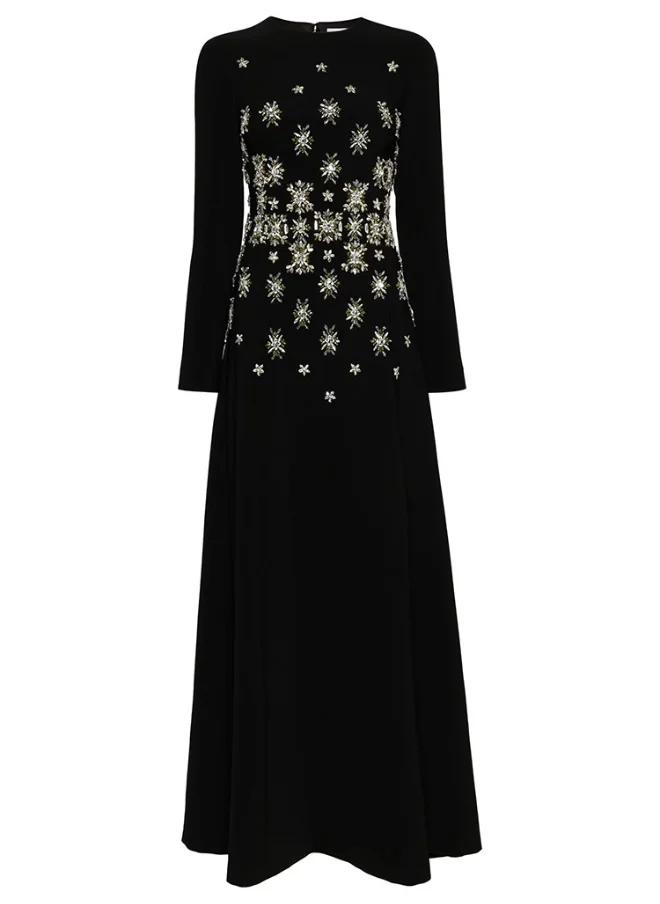 Madam Uniq New Elegant Black Long Sleeve Beaded and Rhinestone Maxi Dress