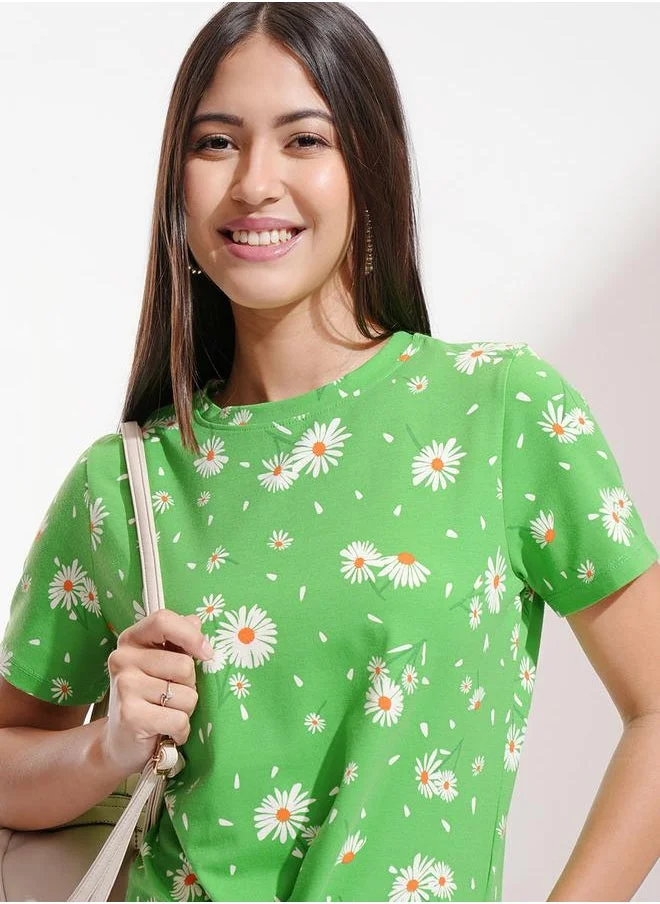 طوكيو توكيز Tokyo Talkies All-Over Floral Print Round Neck Top with Tie-Up Detail