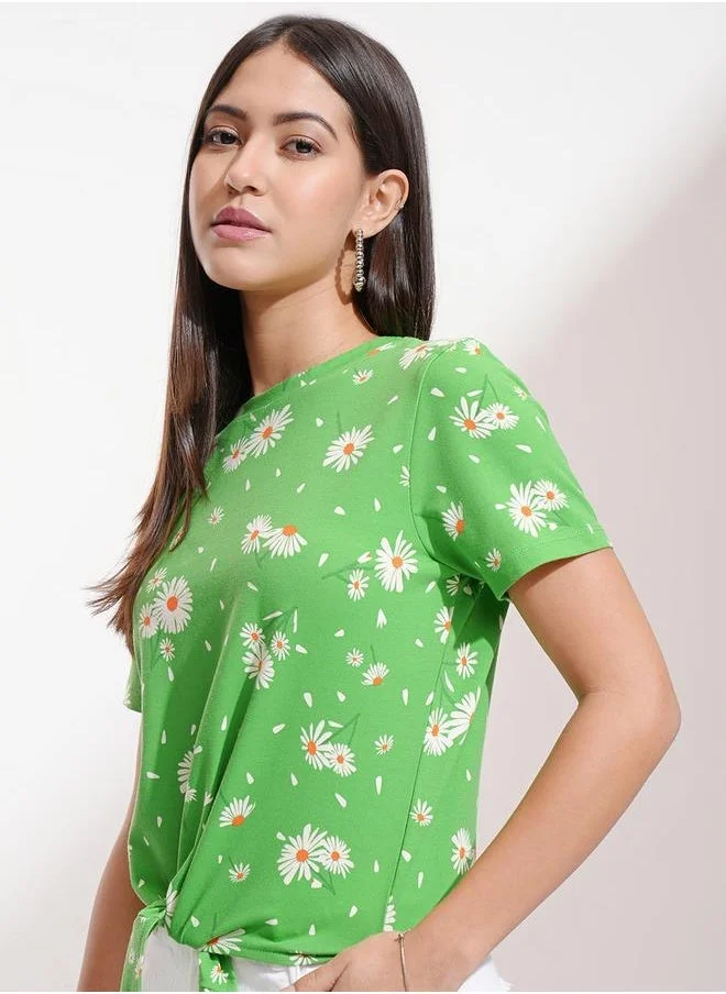 Tokyo Talkies Tokyo Talkies All-Over Floral Print Round Neck Top with Tie-Up Detail