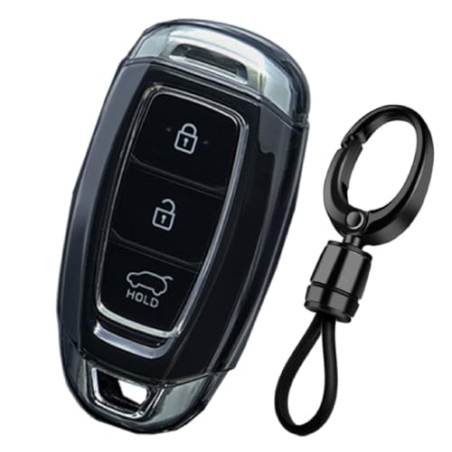 JVCV® Soft TPU Transparent Black Key Cover Compatible with Hyundai Verna i20 N Line Smart Key | Anti-Scratch Slim Fit Case | Shockproof Protection (with Keychain - Style A) - Image 1