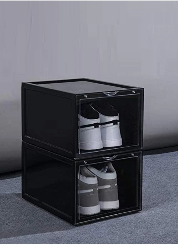 1Chase Shoe Storage Box, Drop Front Stackable Shoe Box with Clear Door, Black 2pcs Set