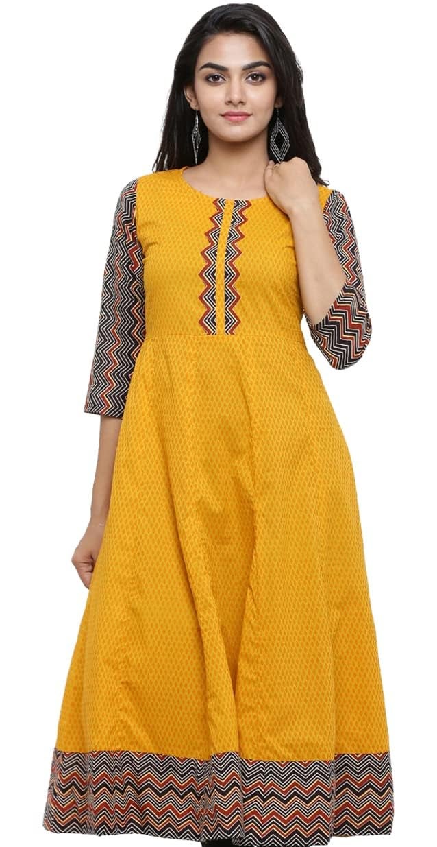 Yash Gallery Women's Cotton Geometric Printed Anarkali Kurta for Women Mustard - Image 1